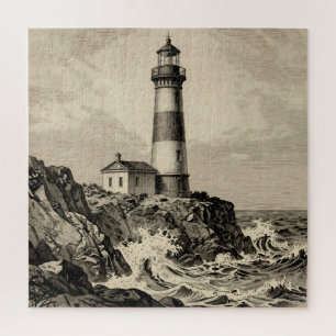 Klassieke gestreepte vuurtoren aan een stormachtig legpuzzel