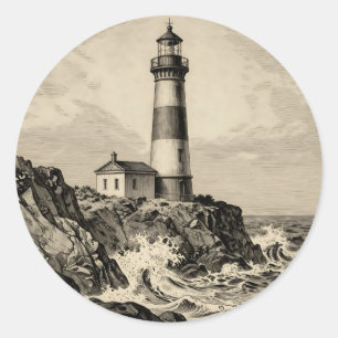 Klassieke gestreepte vuurtoren aan een stormachtig ronde sticker