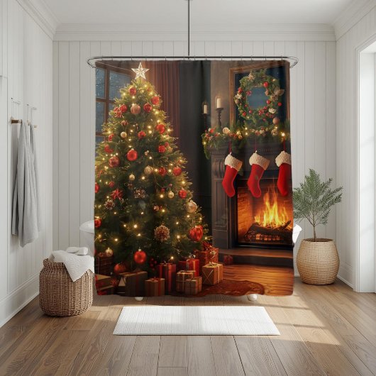 Klassieke gezellige open haard en kerstboom  douchegordijn