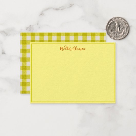 Klassieke Gingham Check Plaid Naam Rand Notitiekaartje (Voorkant / Achterkant in situ)