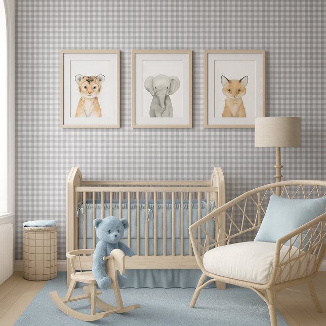 Klassieke Gingham Geruite Grijs Wit  Behang (Mockup of boy nursery with khaki check wallpaper and blue decor )