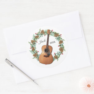 Klassieke Gitaar Kerst Krans Pine Kegels Muziek Ronde Sticker
