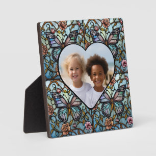 Klassieke glas-in-lood blauwe vlinderkunst fotoplaat
