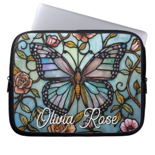 Klassieke glas-in-lood blauwe vlinderkunst laptop sleeve