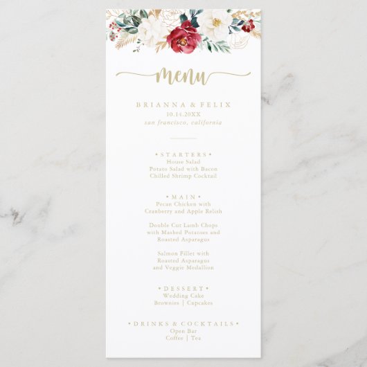 Klassieke Gold Burgundy White Floral Dinner Menu (Voorkant)
