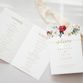 Klassieke Gold Burgundy White Floral Folded Weddin Programma