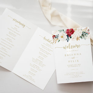 Klassieke Gold Burgundy White Floral Folded Weddin Programma