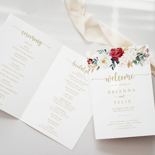 Klassieke Gold Burgundy White Floral Folded Weddin Programma