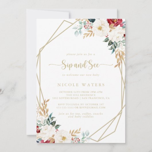 Klassieke Gold Burgundy White Floral Sip en Zie Kaart (Voorkant)