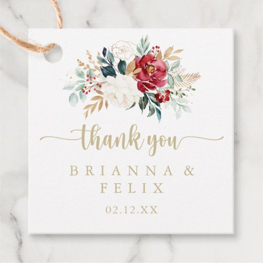 Klassieke Gold Burgundy White Floral Wedding Bedankjes Labels (Voorkant)