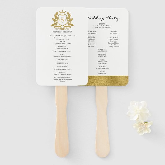 Klassieke Gold Crest Wedding Program Handje Fan Handwaaier (Voorkant en achterkant)