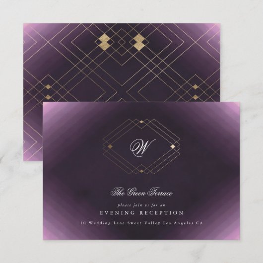 Klassieke Gold Deco Paarse Calligrafie Monogram Informatiekaartje (Voorkant / Achterkant)