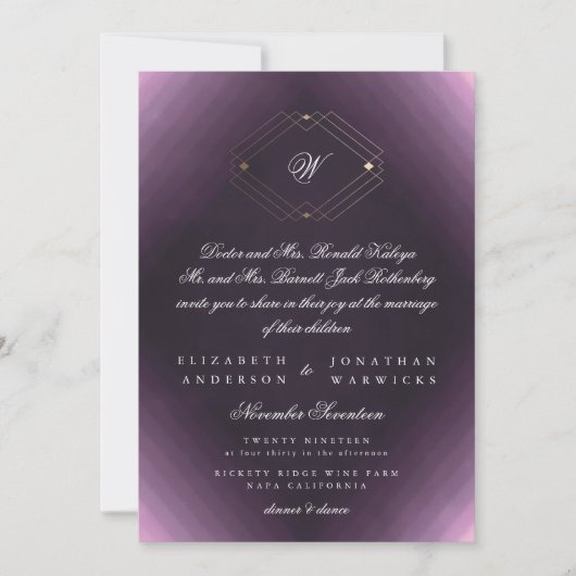 Klassieke Gold Deco Paarse Calligrafie Monogram Kaart (Voorkant)