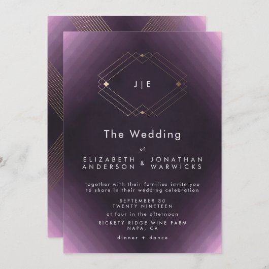 Klassieke Gold Deco Paarse Calligrafie Monogram Kaart (Voorkant / Achterkant)