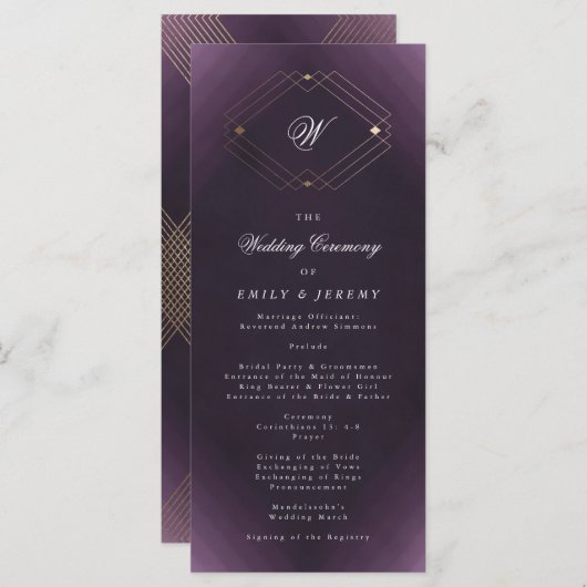 Klassieke Gold Deco Paarse Calligrafie Monogram Programmakaart (Voorkant / Achterkant)