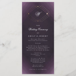 Klassieke Gold Deco Paarse Calligrafie Monogram Programmakaart