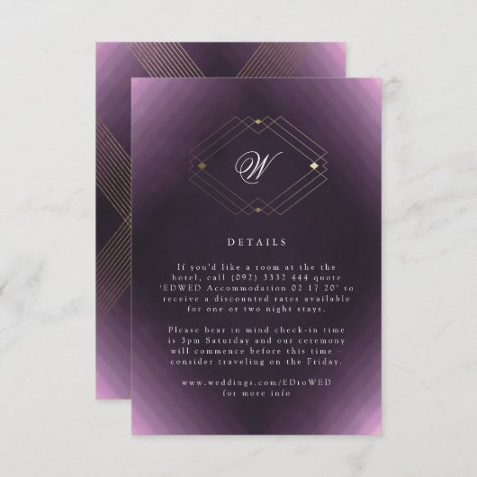 Klassieke Gold Deco Paarse Calligrafie Monogram RSVP Kaartje (Voorkant / Achterkant)