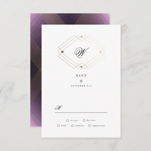 Klassieke Gold Deco Paarse Calligrafie Monogram RSVP Kaartje (Voorkant / Achterkant)