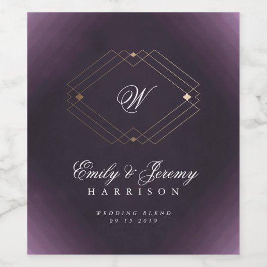 Klassieke Gold Deco Paarse Calligrafie Monogram Wijn Etiket (Enkel label)