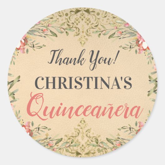 Klassieke  Gold Floral Quinceanera Hartelijk dank Ronde Sticker (Voorkant)