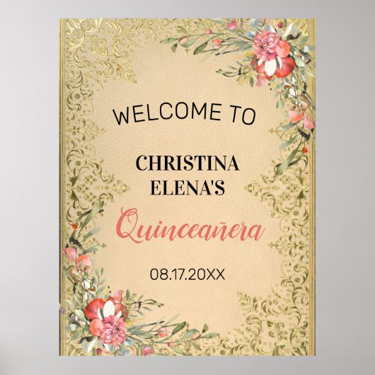 Klassieke  Gold Floral Quinceanera Welkom Poster (Voorkant)