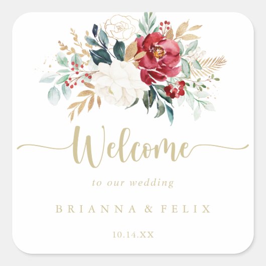Klassieke Gold Floral Weduwen Welkom Vierkante Sticker (Voorkant)