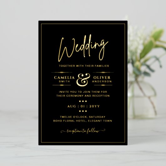 Klassieke GOLD FOIL Black Elegant Classic Weddensc Folie Uitnodiging (Staand Voorkant)