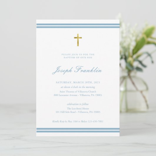 Klassieke Gold Foil Boys Baptisme Communauteit Inv Kaart (Staand voorkant)