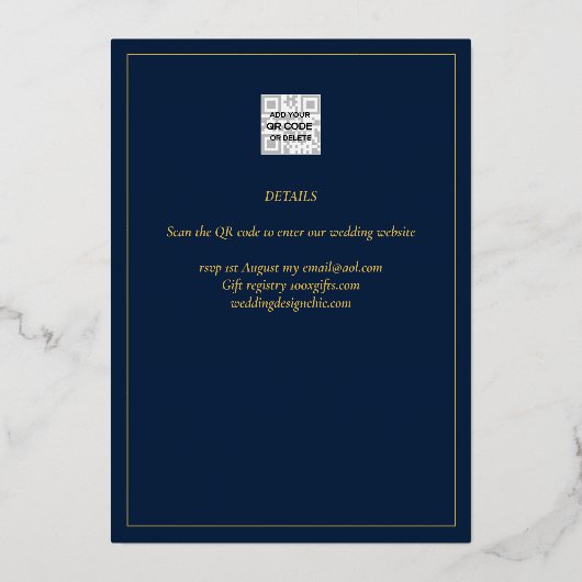 Klassieke GOLD FOIL Navy Elegant Classic Wedding Folie Uitnodiging (Achterkant)