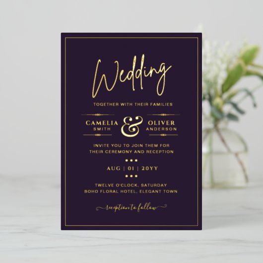 Klassieke GOLD FOIL Plum Elegant Classic Wedding Folie Uitnodiging (Staand Voorkant)