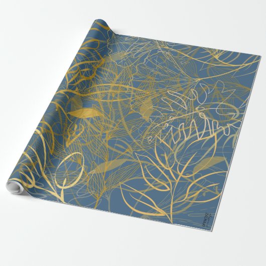 Klassieke Gold Leaf Blue Background Cadeaupapier (Uitgerold)