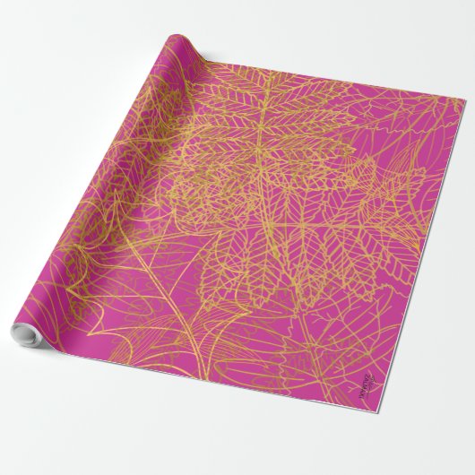 Klassieke Gold Leaf Fuchsia achtergrond Cadeaupapier (Uitgerold)