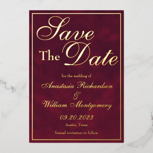 Klassieke Gothic Elegant Burgundy Gold redt de dat Folie Uitnodiging (Voorkant)