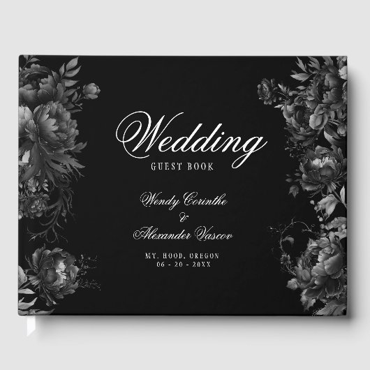 Klassieke Gotische Zwart Monogram Crest Bruiloft Gastenboek (Voorkant)