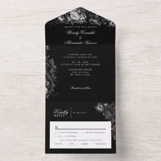 Klassieke Gotische Zwarte Bruiloft All In One Uitnodiging (Binnen)