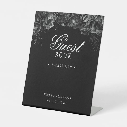 Klassieke Gotische Zwarte Bruiloft Gast Boek Pedes Reclamebord Met Voetstuk (Voorkant)