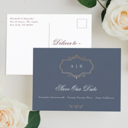 klassieke goudcrest Nave Blue Folie Save the Date Aankondigingskaart