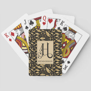 Klassieke gouden bladeren op zwart patroon H monog Pokerkaarten