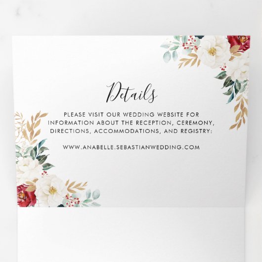 Klassieke gouden bloedige bloementjes rond het huw drieluik uitnodiging (Binnenzijde eerst)