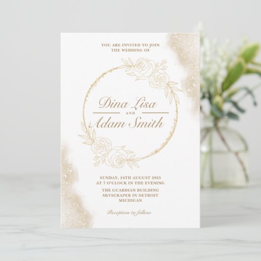 Klassieke Gouden Bloemen Elegante Chic Wedding Kaart (Staand voorkant)
