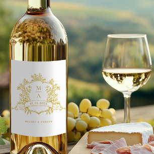 Klassieke Gouden Bloemenkam Monogrammen Huwelijk Wijn Etiket