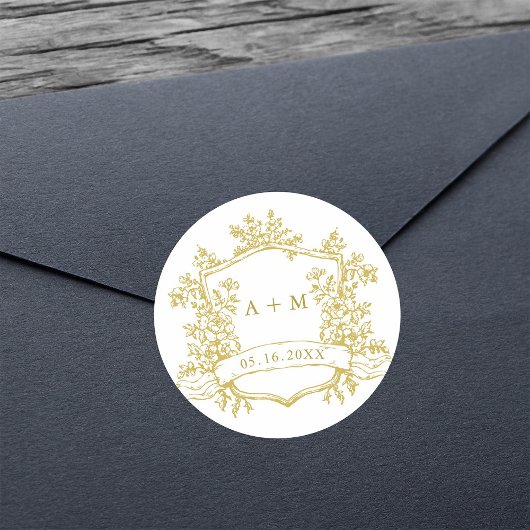 Klassieke Gouden Bloemenkam Monogrammen Ronde Sticker