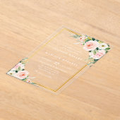 Klassieke gouden en roze blozen bloemenbruiloft acryl uitnodigingen (Laagn)