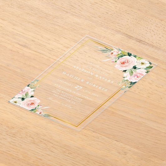 Klassieke gouden en roze blozen bloemenbruiloft acryl uitnodigingen (Laagn)