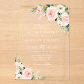 Klassieke gouden en roze blozen bloemenbruiloft acryl uitnodigingen (Voorkant)