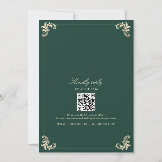 Klassieke gouden en smaragdgroene bruiloft kaart (Achterkant)