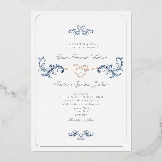 Klassieke gouden en stoffige blauwe bruiloft folie uitnodiging (Voorkant)