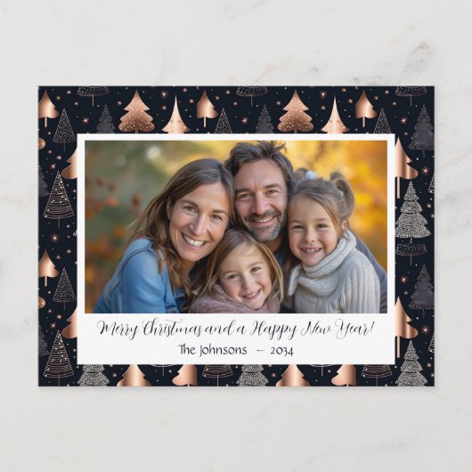Klassieke gouden en zwarte kerstboom foto feestdagenkaart (Voorkant)