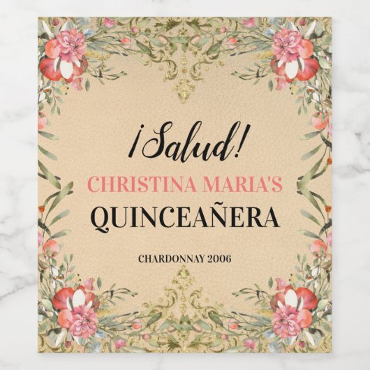 Klassieke  gouden flora Quinceañera Wijn Etiket (Enkel label)