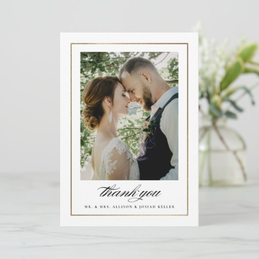 Klassieke gouden fotobruiloft bedankkaart (Staand voorkant)
